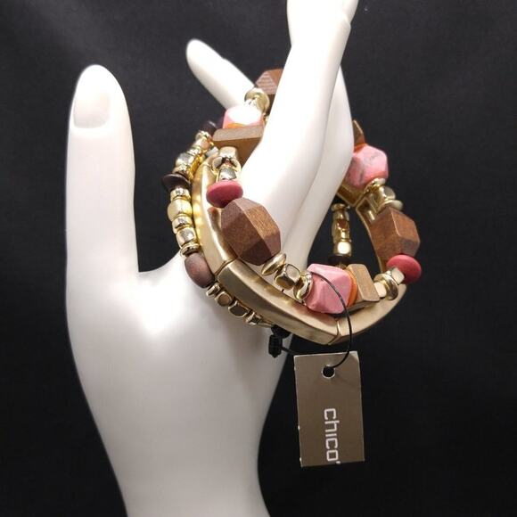 Chico's Gemstone Wood Three Bracelet Set, Stretch New With Tags - Picture 4 of 8